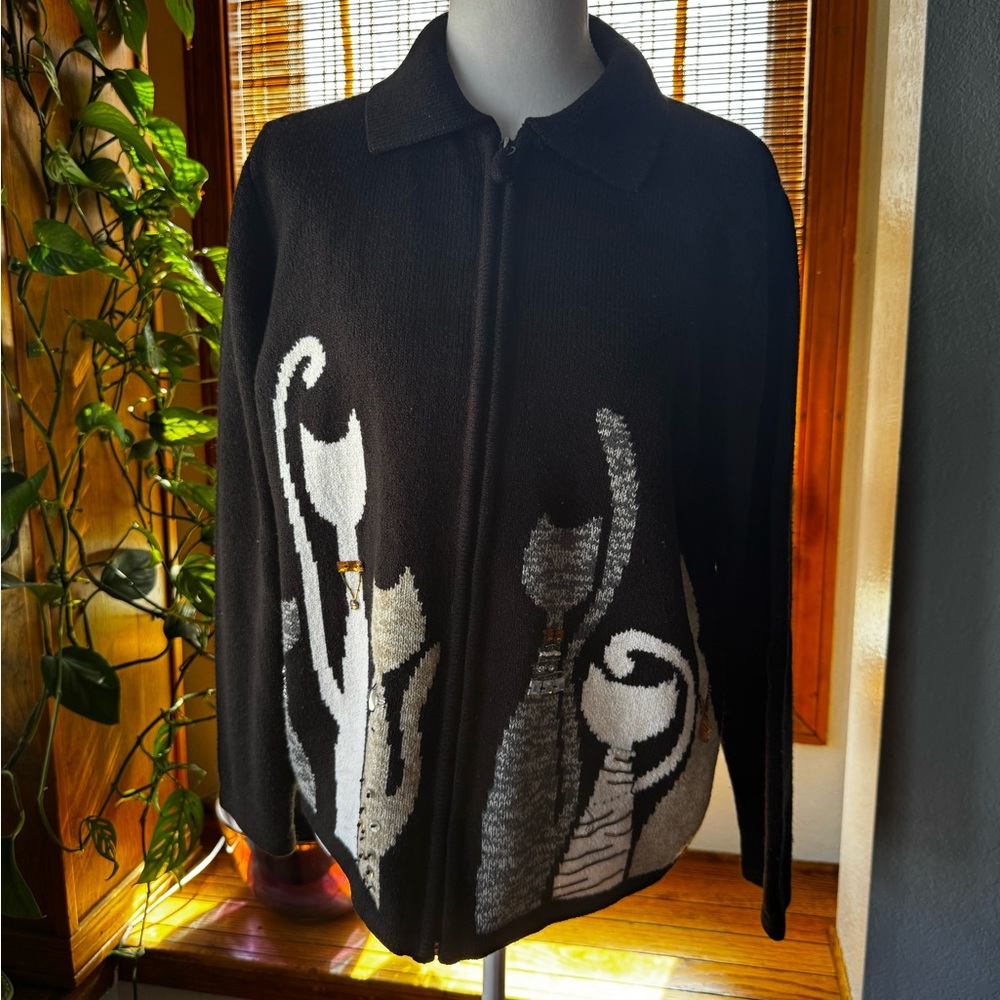 VTG Allison Daley Jeweled Night Cat Zip Cardigan SZ small petite Y2K Grandmacore